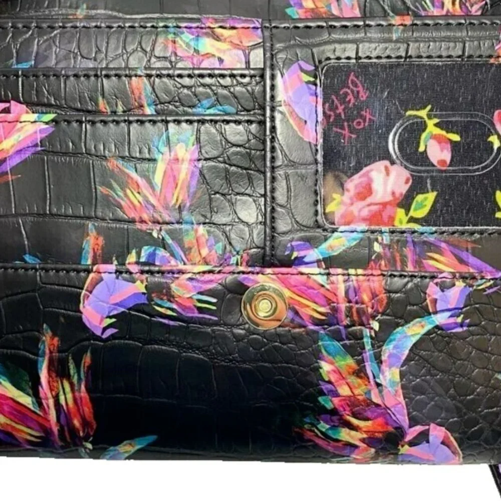 Betsey Johnson Crossbody Shoulderbag Clutch Wallet Bow Front Black Floral - Picture 8 of 10